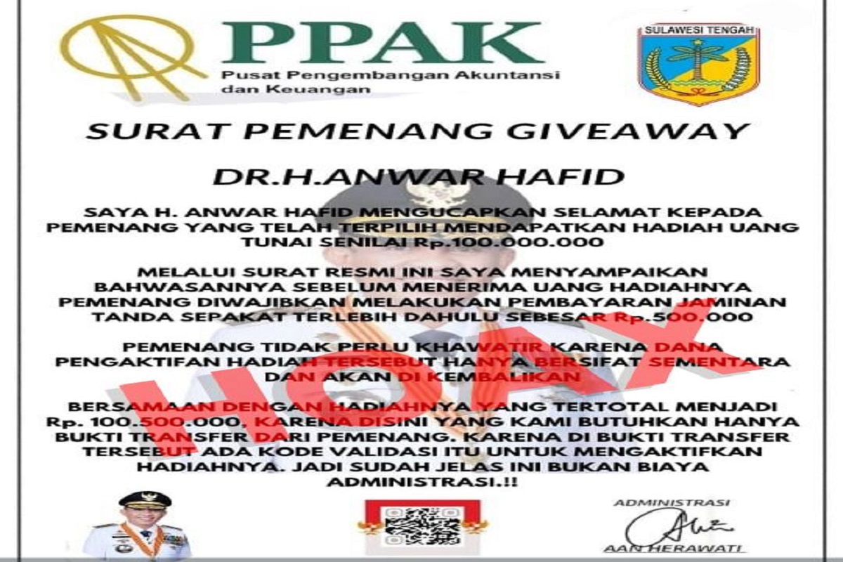 Waspada! Nama Gubernur Sulteng Dicatut untuk Penipuan Giveaway