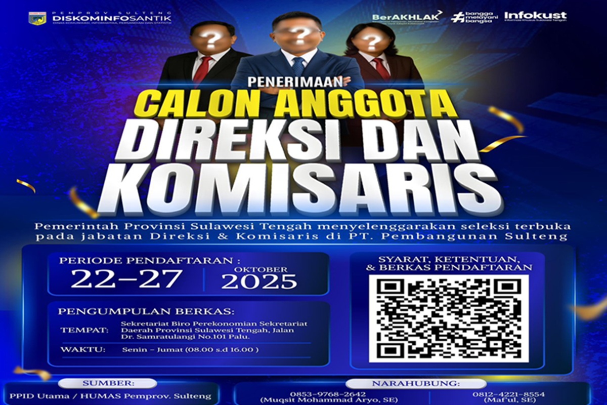 Pemprov Sulteng Buka Seleksi Direksi dan Komisaris PT Pembangunan Sulteng 2025