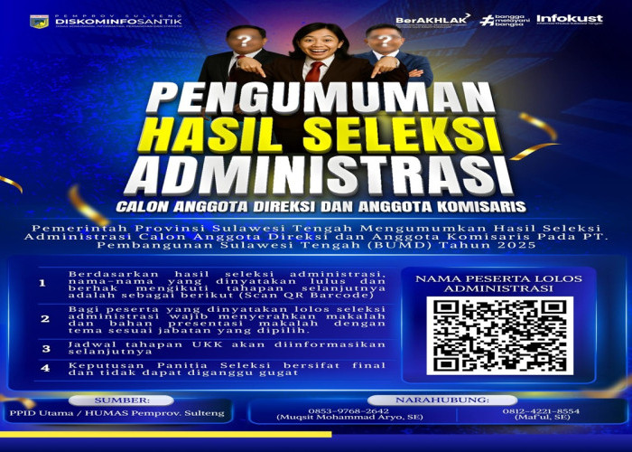 19 Nama Lolos Seleksi Direksi dan Komisaris PT Pembangunan Sulteng