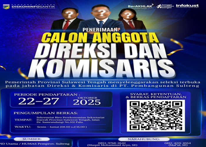Pemprov Sulteng Buka Seleksi Direksi dan Komisaris PT Pembangunan Sulteng 2025